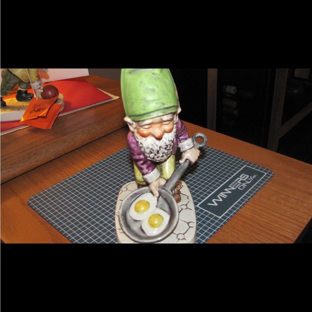Goebel Gnome Figurine with Green Hat and Purple Coat dwarf gnome sunny side eggs